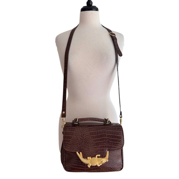 Vintage Cognac Croc Embossed Leather Crossbody Bag - Picture 4 of 13